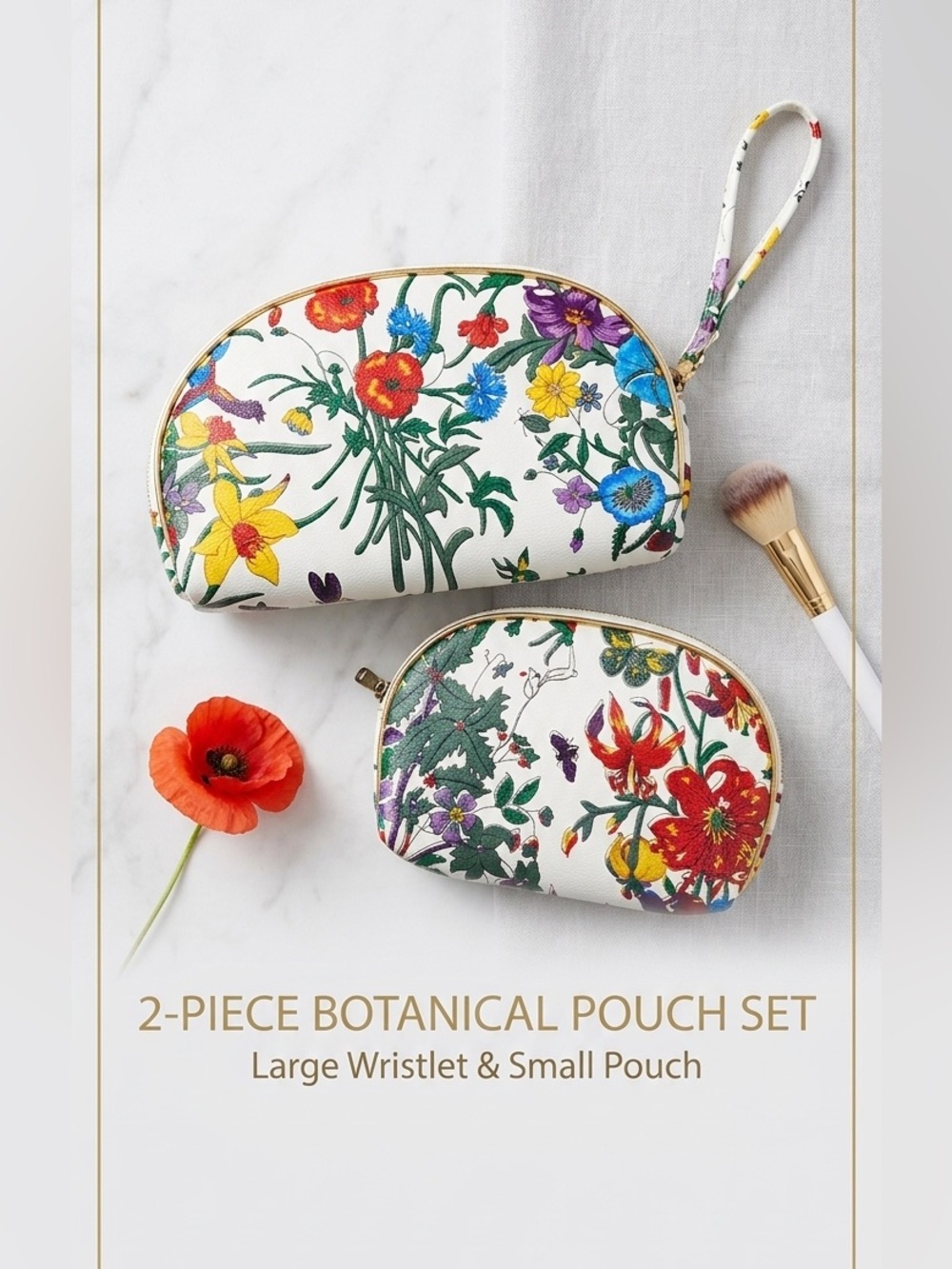 NWT Floral Cosmetic Pouch Set (2) White Botanical Makeup Bags w/ Wristlet
